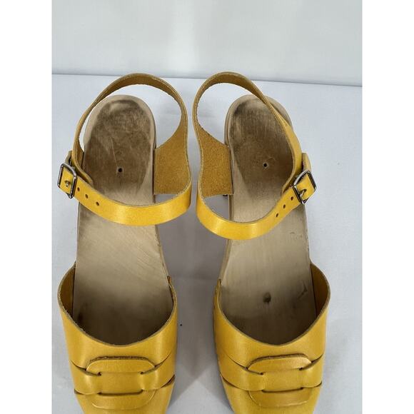 Swedish Hasbeens Yellow Wooden Clog Sandal Peep Toe Size 41 US 11 - Picture 6 of 14